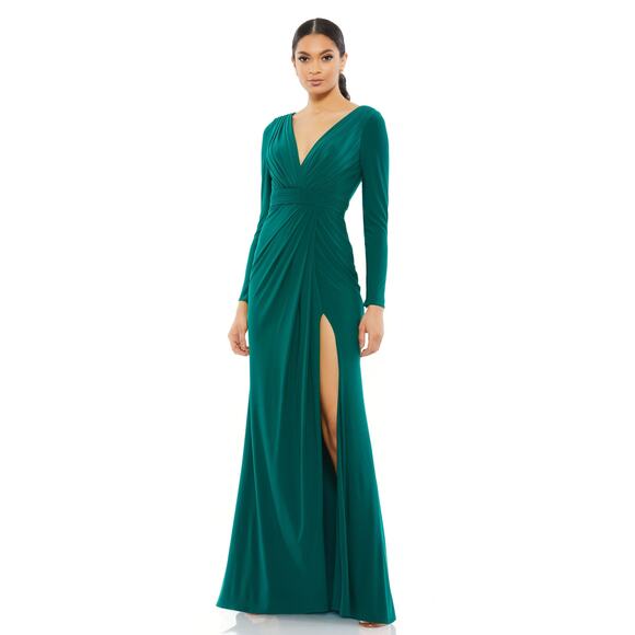 Ieena for Mac Duggal 26554 High Slit Long Sleeve Gown Maxi Emerald Green Size 0 - Picture 1 of 13